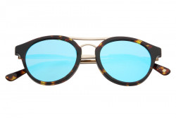 Kristian Olsen Sonnenbrille blaue, graue, verspiegelte Gläser, Rahmen braun, gold, Horn-Optik